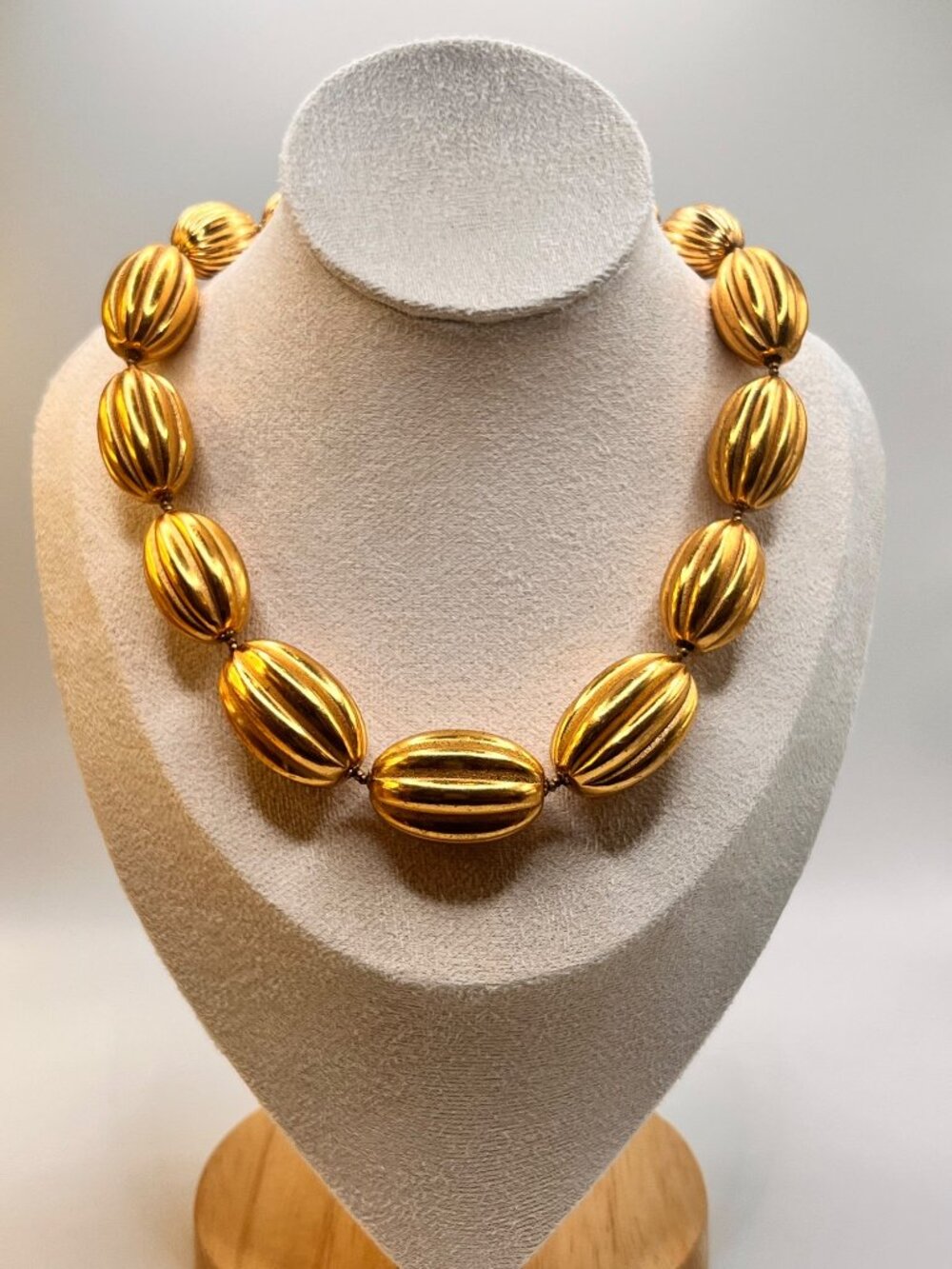 Vintage Signed Miriam Haskell Gold-Tone Ribbed Melon Bead Statement Necklace